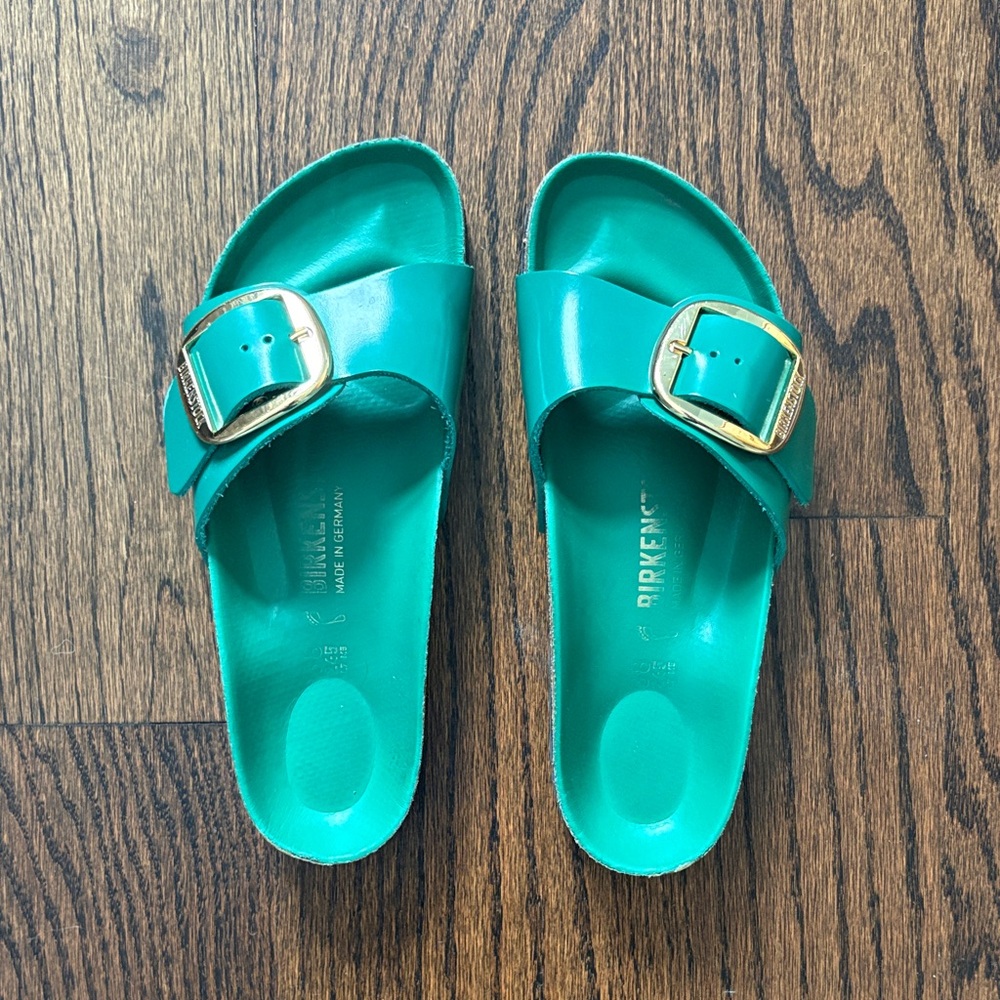 Women’s Green Birkenstock Slide Sandals with Gold Buckle